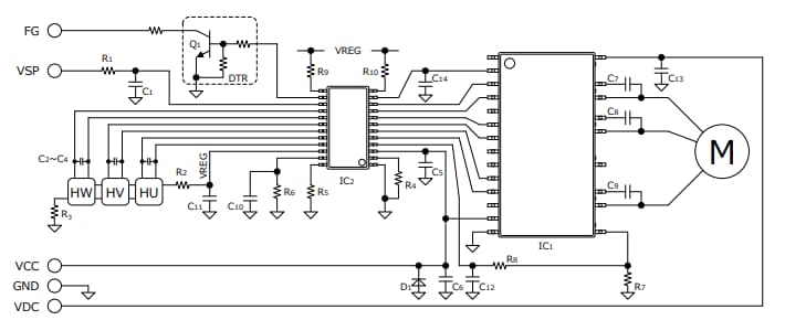 Schéma du circuit d'application - ROHM Semiconductor Pilotes de moteur de ventilateur triphasé BM624xFS